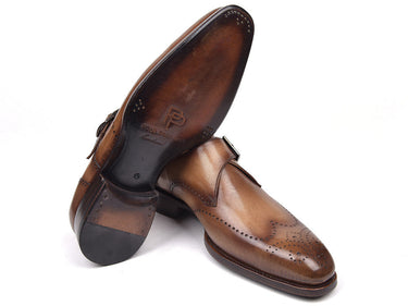 Paul Parkman Men's Wingtip Single Monkstraps in Brown & Camel