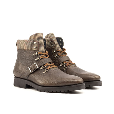 DapperFam Everest in Tweed / Dark Brown Men's Sartorial & Italian Pebble Grain Leather Hiking Boot in Tweed / Dark Brown