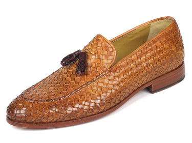 Paul Parkman Woven Leather Tassel Loafers in Camel