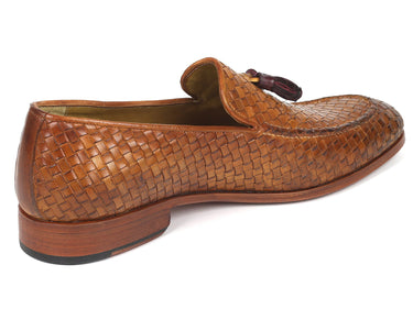 Paul Parkman Woven Leather Tassel Loafers in Camel