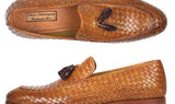 Paul Parkman Woven Leather Tassel Loafers in Camel