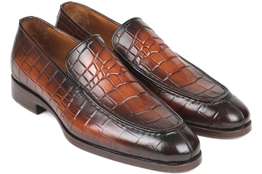 Paul Parkman Men's Croco-Embossed Calfskin Loafers in Brown Burnished