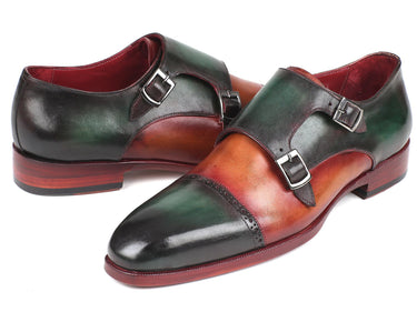 Paul Parkman Captoe Double Monkstraps in Green & Camel
