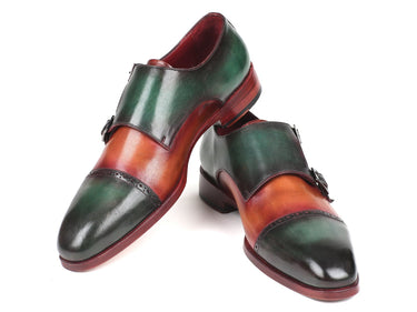 Paul Parkman Captoe Double Monkstraps in Green & Camel