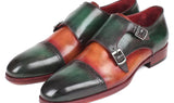 Paul Parkman Captoe Double Monkstraps in Green & Camel