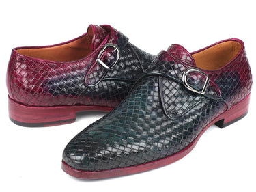 Paul Parkman Men's Woven Leather Single Monkstraps in Purple & Green
