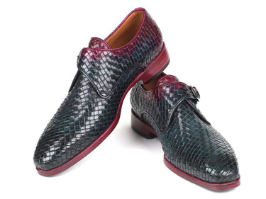Paul Parkman Men's Woven Leather Single Monkstraps in Purple & Green