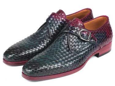 Paul Parkman Men's Woven Leather Single Monkstraps in Purple & Green