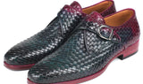 Paul Parkman Men's Woven Leather Single Monkstraps in Purple & Green
