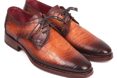 Paul Parkman Croco-Embossed Calfskin Goodyear Welted Derby Shoes in Brown
