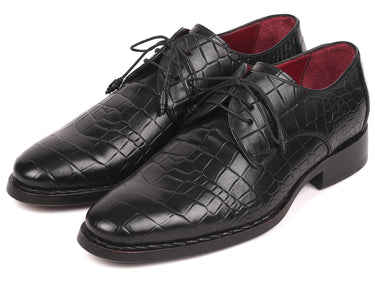 Paul Parkman Croco-Embossed Calfskin Goodyear Welted Derby Shoes in Black