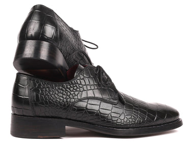 Paul Parkman Croco-Embossed Calfskin Goodyear Welted Derby Shoes in Black