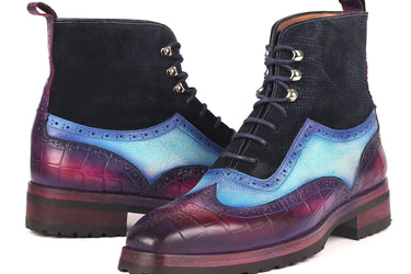 Paul Parkman Men's Wingtip Rubber Sole Boots in Purple, Light Blue & Navy