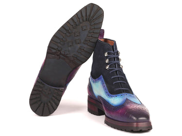 Paul Parkman Men's Wingtip Rubber Sole Boots in Purple, Light Blue & Navy