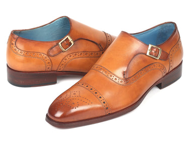 Paul Parkman Men's Cap Toe Monkstrap Shoes in Cognac