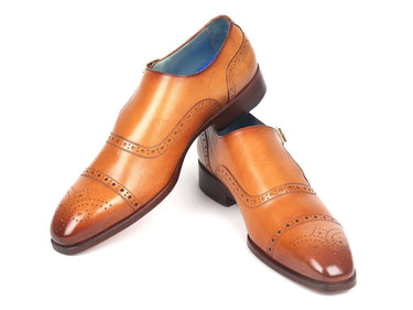 Paul Parkman Men's Cap Toe Monkstrap Shoes in Cognac