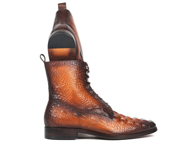 Paul Parkman Men's Croco-Embossed Leather Lace-Up Boots in Brown