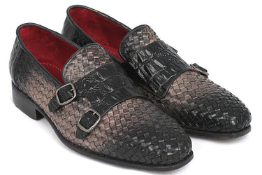 Paul Parkman Men's Woven & Croco-Embossed Leather Monkstraps in Black & Gray