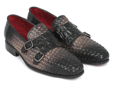 Paul Parkman Men's Woven & Croco-Embossed Leather Monkstraps in Black & Gray