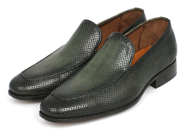 Paul Parkman Men's Perforated Leather Loafers in Green