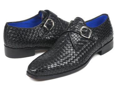 Paul Parkman Woven Leather Single Monkstraps in Black