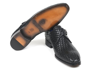 Paul Parkman Woven Leather Single Monkstraps in Black
