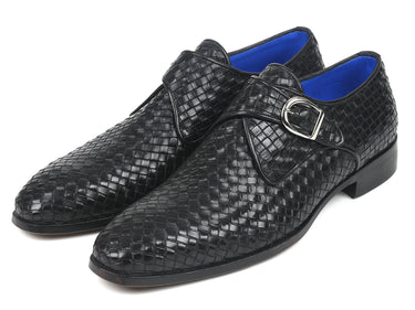 Paul Parkman Woven Leather Single Monkstraps in Black
