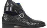 Paul Parkman Woven Leather Single Monkstraps in Black