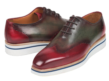 Paul Parkman Men's Smart Casual Wingtip Oxfords in Bordeaux & Green