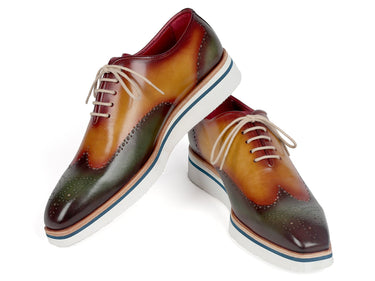 Paul Parkman Men's Smart Casual Wingtip Oxfords in Green & Camel