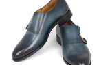 Paul Parkman Hand-Painted Leather Double Monkstrap Shoes in Navy