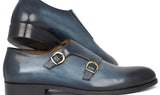 Paul Parkman Hand-Painted Leather Double Monkstrap Shoes in Navy