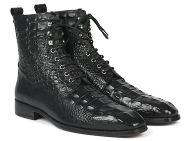 Paul Parkman Men's Croco-Embossed Leather Lace-Up Boots in Black