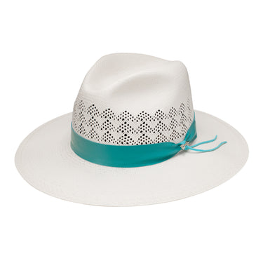 Stetson Citrine Wide Brim Vented Shantung Straw Fedora in Natural / Turquoise