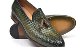 Paul Parkman Men's Woven Leather Tassel Loafers in Green