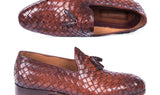Paul Parkman Men's Woven Leather Tassel Loafers in Brown