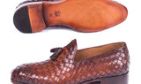Paul Parkman Men's Woven Leather Tassel Loafers in Brown