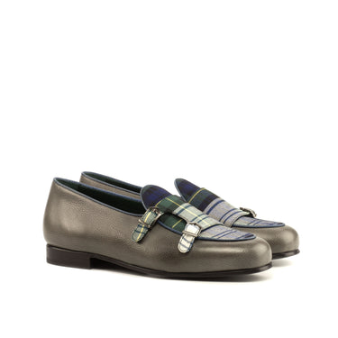 DapperFam Rialto in Tartan / Grey / Navy Men's Sartorial & Italian Full Grain Leather Monk Slipper in Tartan / Grey / Navy