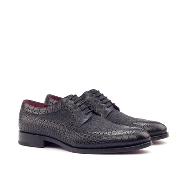 DapperFam Zephyr in Black / Dark Grey Men's Italian Croco Embossed Leather & Flannel Longwing Blucher in Black / Dark Grey