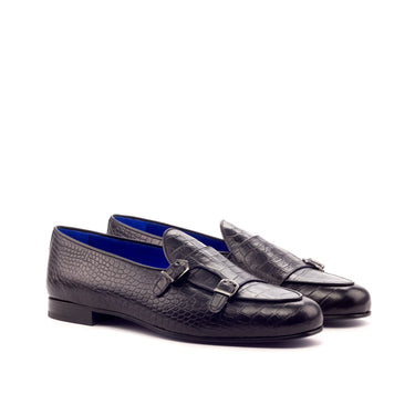 DapperFam Rialto in Black Men's Italian Croco Embossed Leather Monk Slipper in Black
