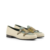 DapperFam Rialto in Ice / Khaki / Olive Men's Linen & Italian Leather Monk Slipper in Ice / Khaki / Olive