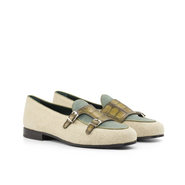 DapperFam Rialto in Ice / Khaki / Olive Men's Linen & Italian Leather Monk Slipper in Ice / Khaki / Olive
