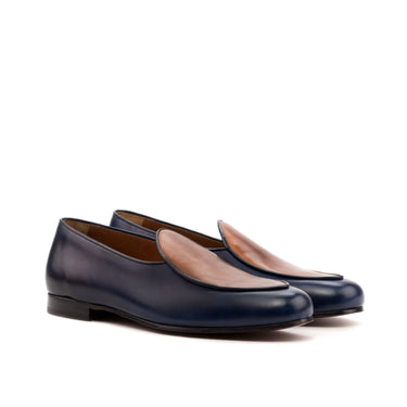 DapperFam Marcello in Med Brown / Navy Men's Italian Leather Belgian Slipper in Med Brown / Navy