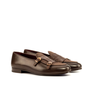 DapperFam Rialto in Brown / Dark Brown Men's Linen & Italian Leather Monk Slipper in Brown / Dark Brown