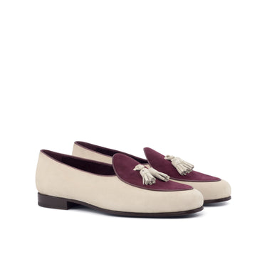 DapperFam Marcello in Ivory / Wine / Burgundy Men's Italian Leather & Suede Belgian Slipper in Ivory / Wine / Burgundy
