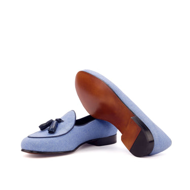DapperFam Marcello in Blue / Navy Men's Linen & Italian Leather Belgian Slipper