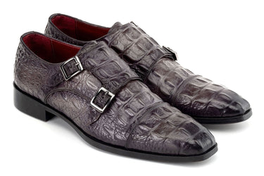 Paul Parkman Double Monkstrap Shoes Crocodile Textured Leather in Grey