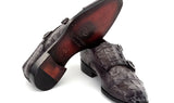 Paul Parkman Double Monkstrap Shoes Crocodile Textured Leather in Grey
