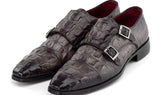 Paul Parkman Double Monkstrap Shoes Crocodile Textured Leather in Grey