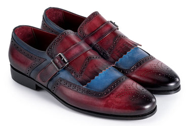 Paul Parkman Men's Kiltie Monkstrap Leather Shoes in Blue & Burgundy